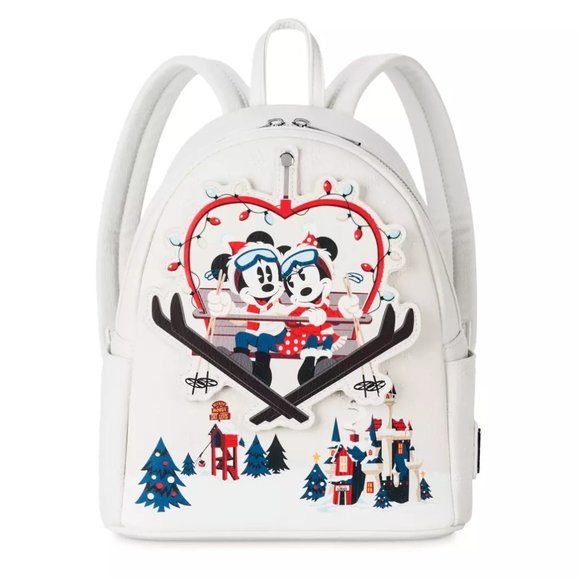 Mickey & Minnie Mouse Holiday Mini Backpack White Disney Loungefly & Keychain - Picture 3 of 12